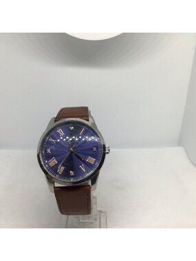 GUESS Men's Silver-Tone Watch Blue Sunburst Dial Brown Leather Band